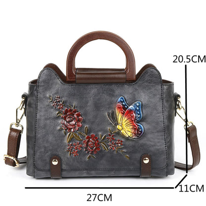 Nontium - Retro Genuine Leather Floral Shoulder Bag
