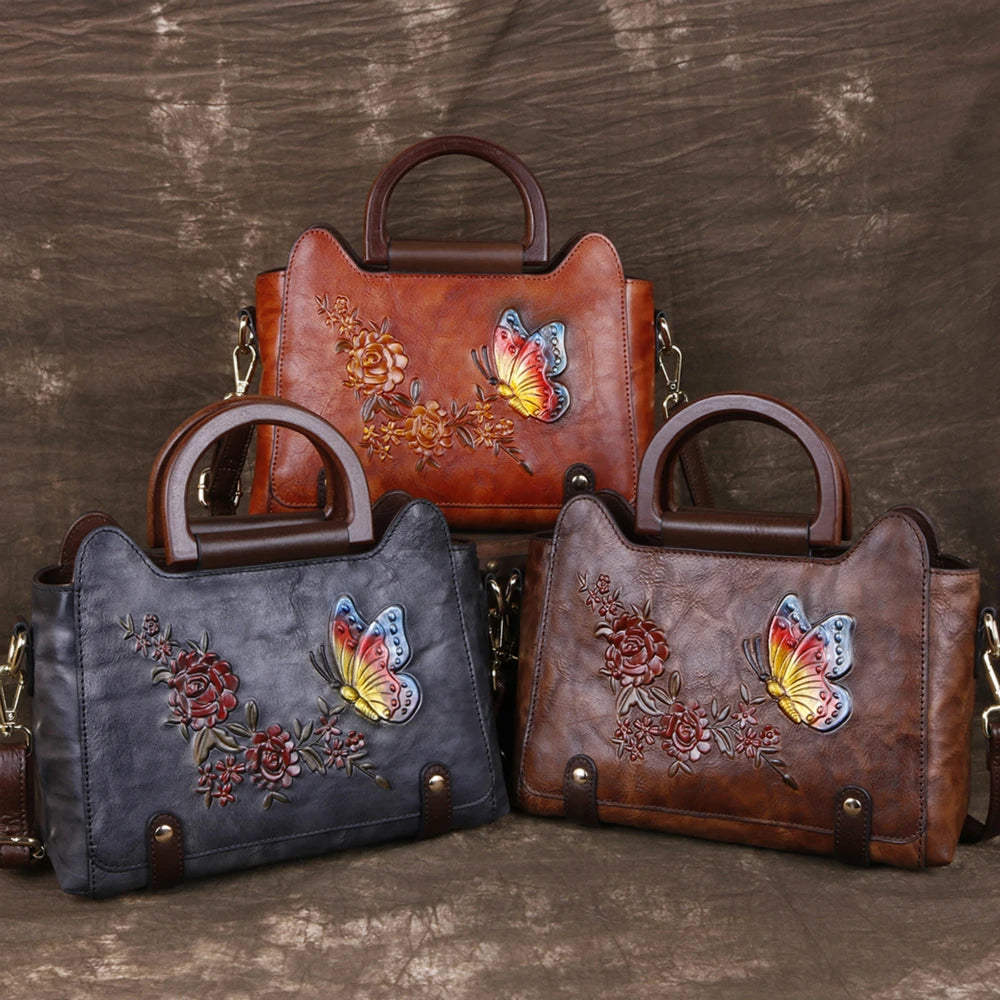 Nontium - Retro Genuine Leather Floral Shoulder Bag