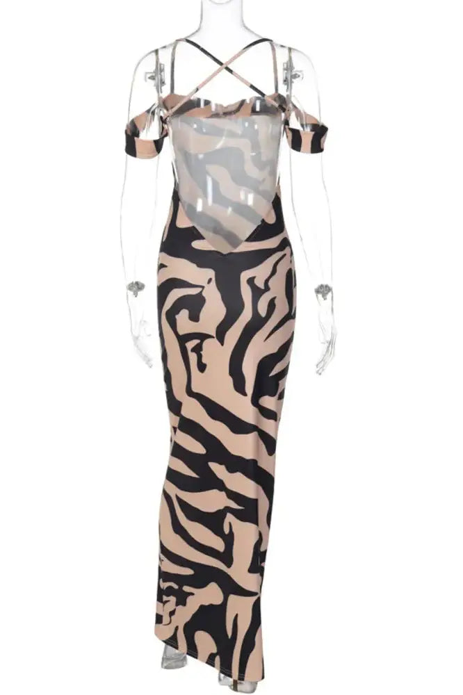 Nontium - Zebra Print Backless Maxi Dress