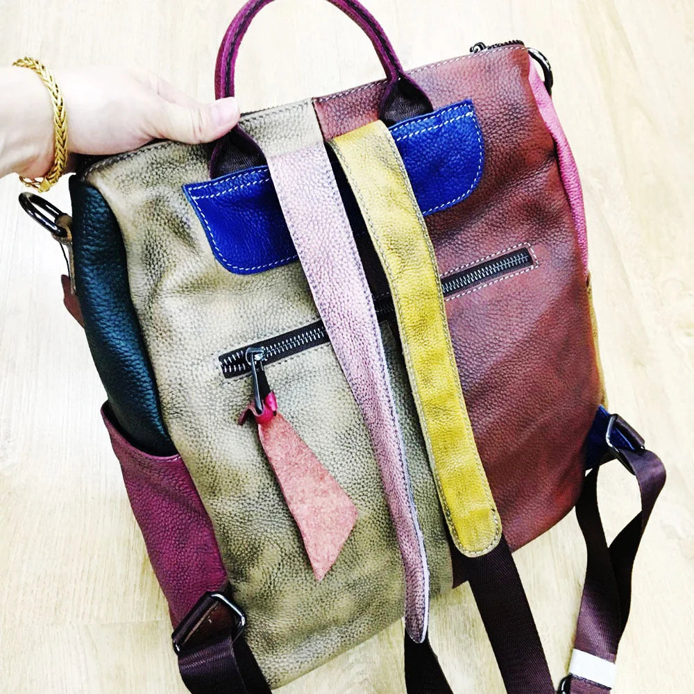 Nontium - Retro Genuine Leather Backpack, Patchwork Random Color, Luxury School Bag for Teenage Girls