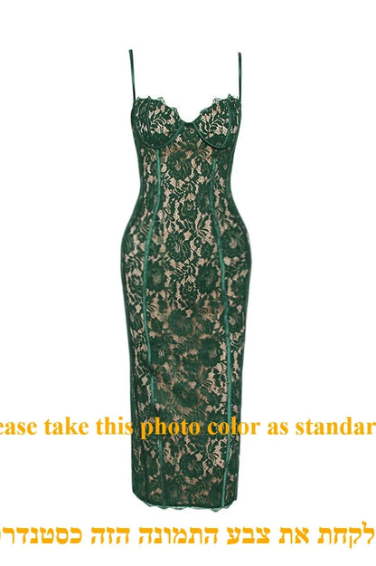 Nontium - Elegant Spaghetti Strap V Neck Lace Midi Dress