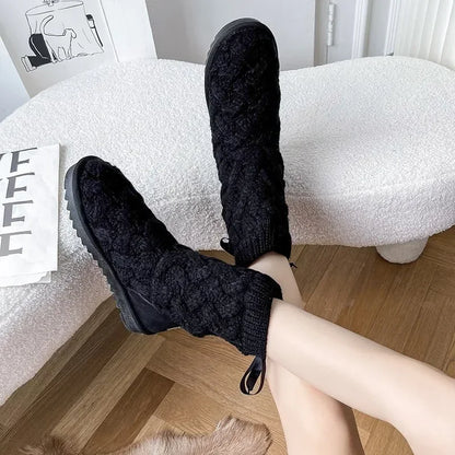 Nontium - Trendy Winter Fashion Plush Knitted Platform Short Barrel Boots for Women
