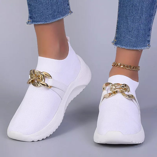 Nontium - Metal Chain Breathable Mesh Flats Slip-On White Sneakers