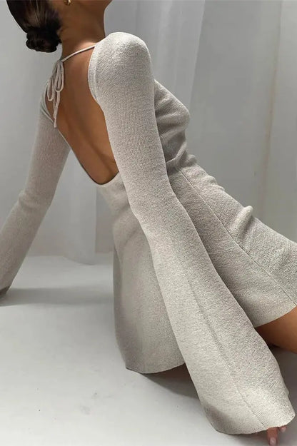 Nontium - Backless Striped Knitwear Mini Dress