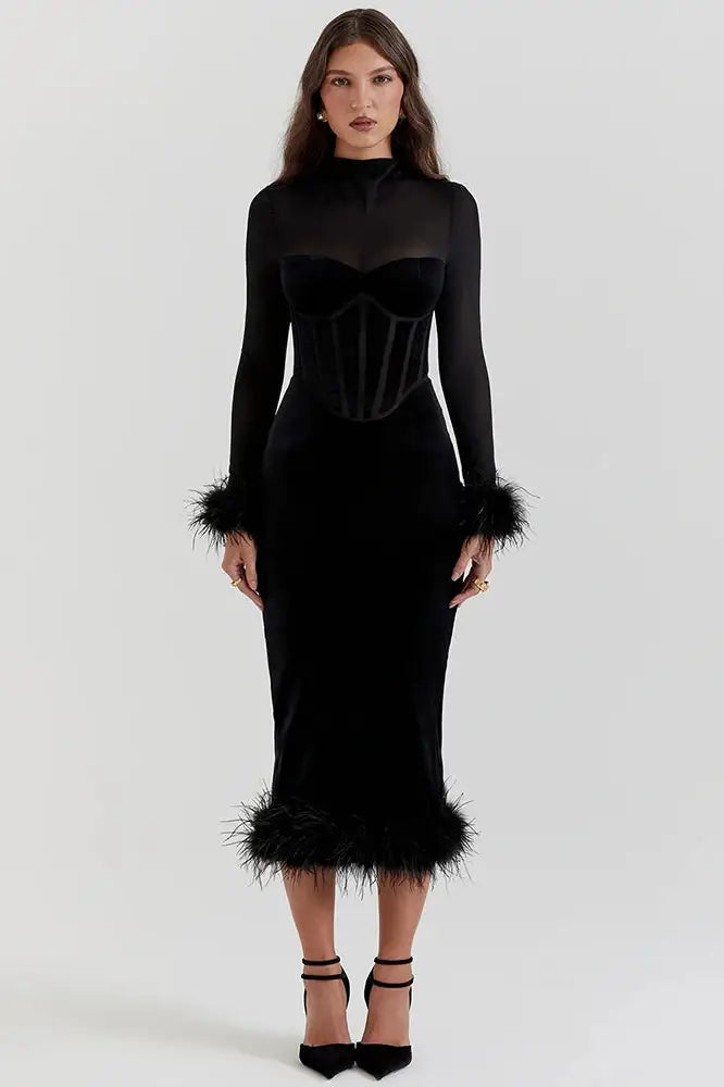 Nontium - Elegant Feather Midi Dress