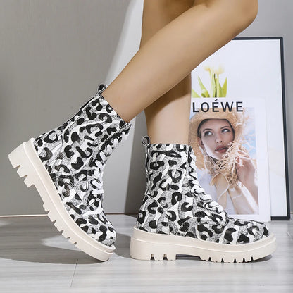Nontium - Winter Fashion Leopard Designed Front Lace-up Ankle Boots for Women