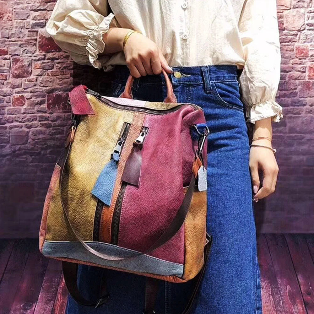 Nontium - Retro Genuine Leather Backpack, Patchwork Random Color, Luxury School Bag for Teenage Girls