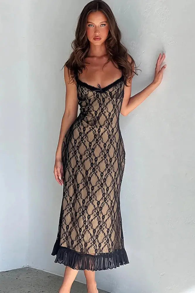 Nontium - Elegant Lace Print Maxi Dress