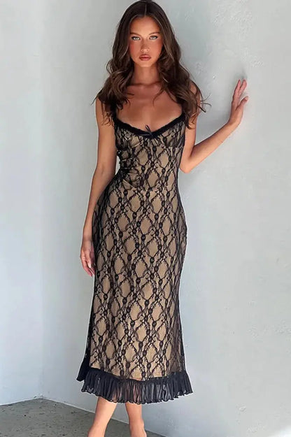 Nontium - Elegant Lace Print Maxi Dress