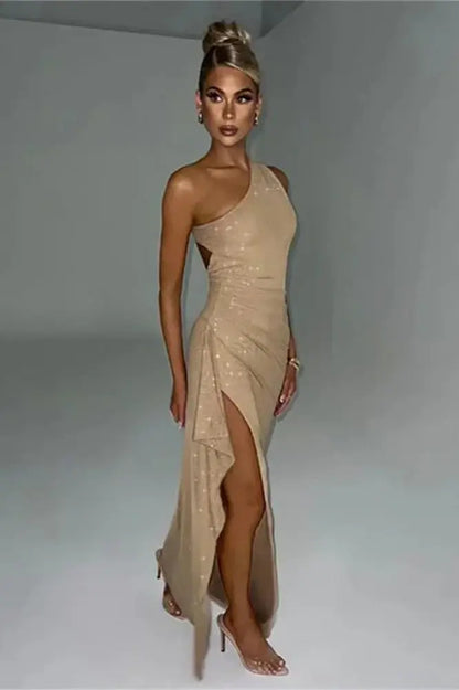 Nontium - Ruffled Glitter One-Shoulder Maxi Dress