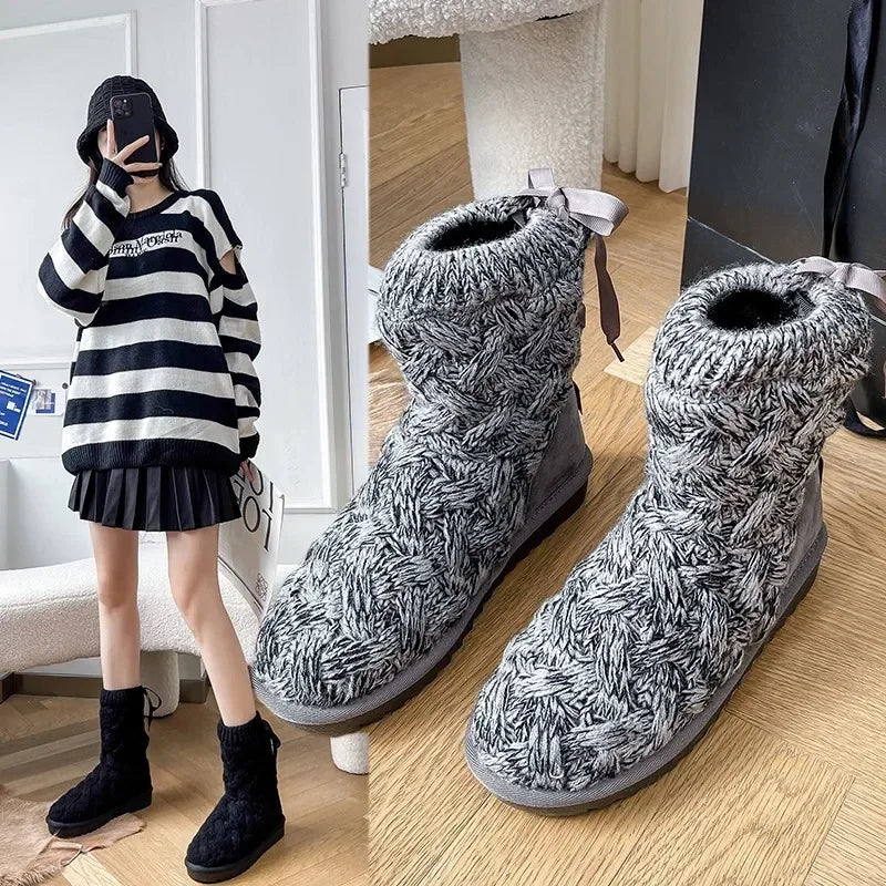 Nontium - Trendy Winter Fashion Plush Knitted Platform Short Barrel Boots for Women