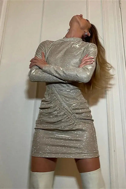 Nontium - Glitter Bodycon Long Sleeve Mini Dress