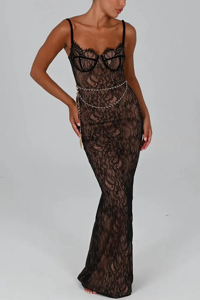 Nontium - Elegant Lace Print Maxi Dress