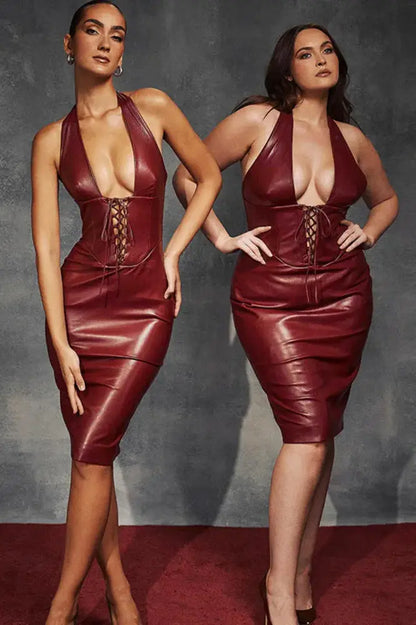 Nontium - Halter PU Leather Midi Dress