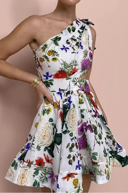 Nontium - Floral Print Hollow Boho Mini Dress