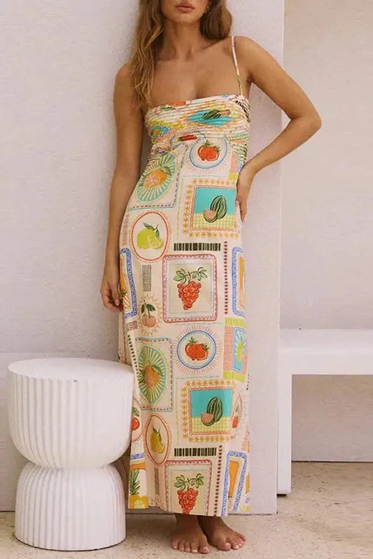 Nontium - Fruit Print Square Collar Boho Maxi Dress