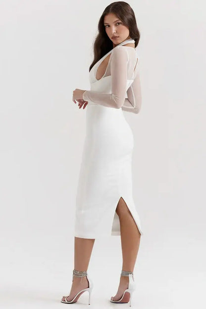 Nontium - Halter Deep V Neck Midi Dress