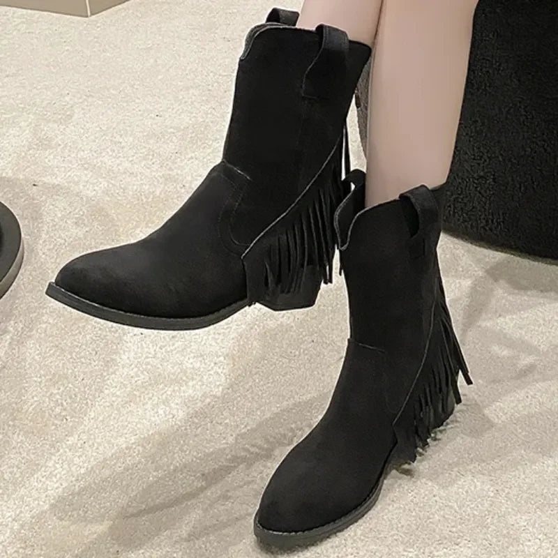 Nontium - Winter Suede Pointed Toe Tassel Solid Short Barrel Boots for Women