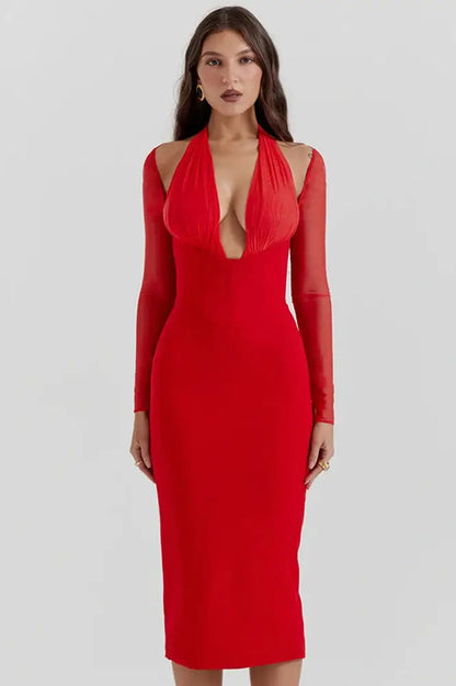 Nontium - Halter Deep V Neck Midi Dress