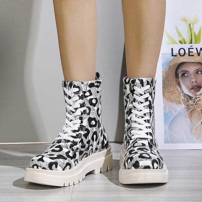 Nontium - Winter Fashion Leopard Designed Front Lace-up Ankle Boots for Women