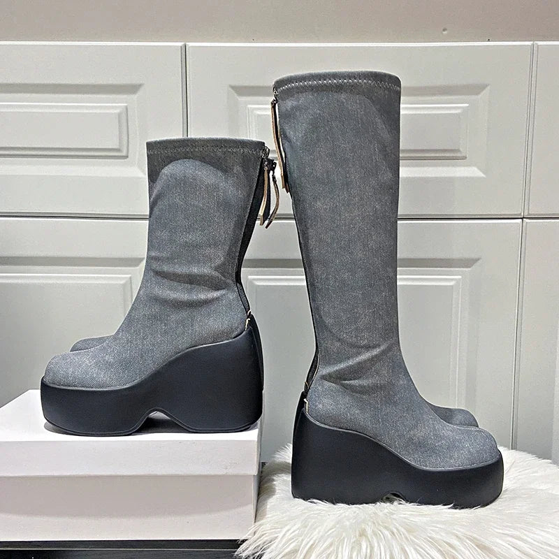 Nontium - New Women's Winter Fashion Super High Zippered Boots