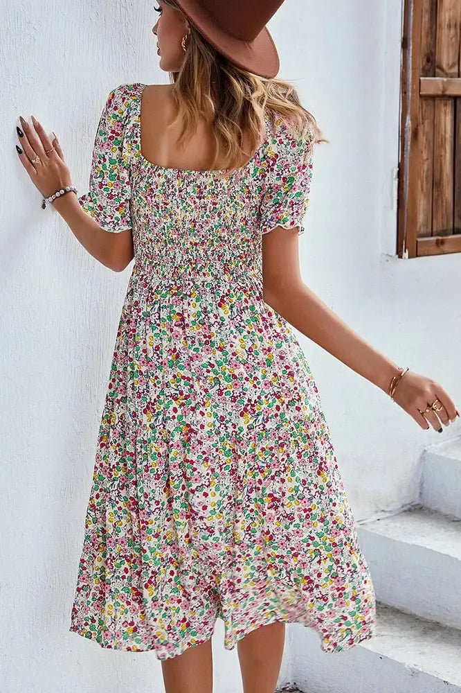 Nontium - Bohemian Floral Print Midi Dress