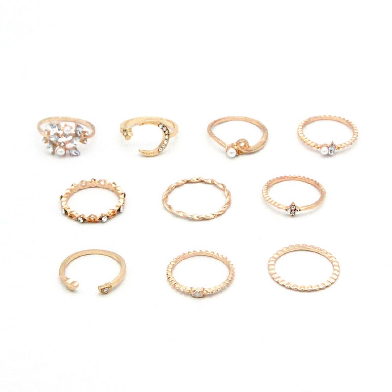 10 piece Moon Star Gold Ring Set