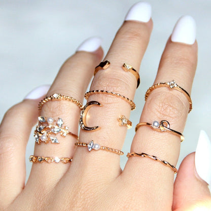 10 piece Moon Star Gold Ring Set